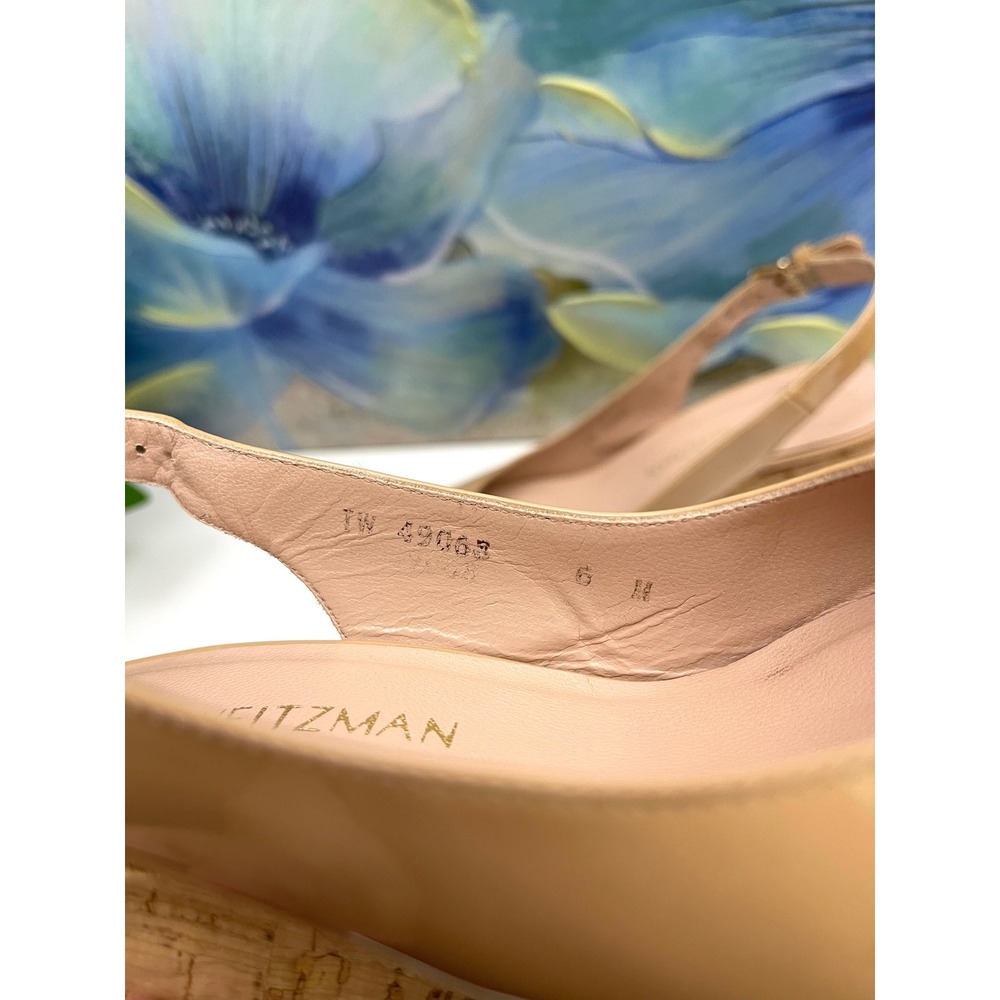 Stuart Weitzman Nude Patent Leather Cork Platform Wedge Peep Toe Sandals Size 6 - Picture 7 of 9